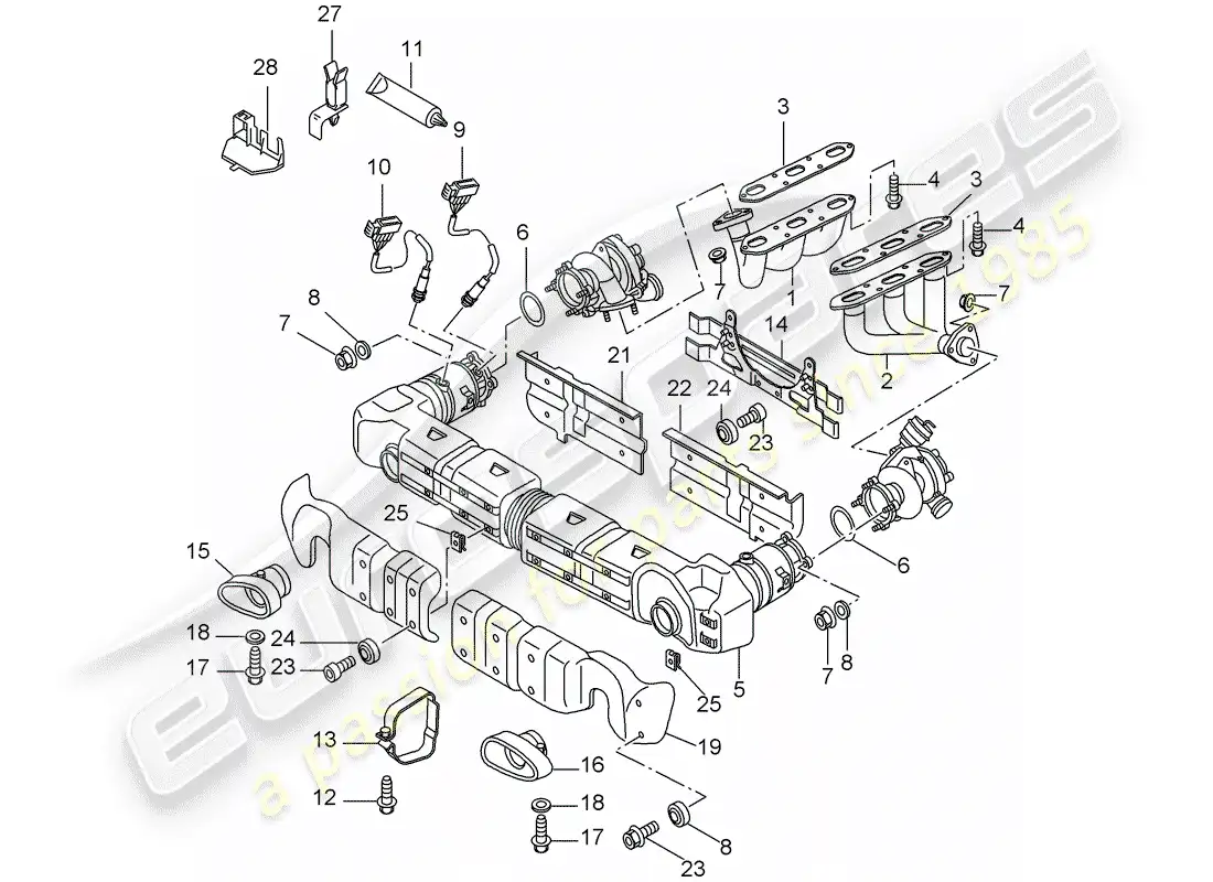 porsche 2004 (996 turbo / gt2) exhaust system parts diagram