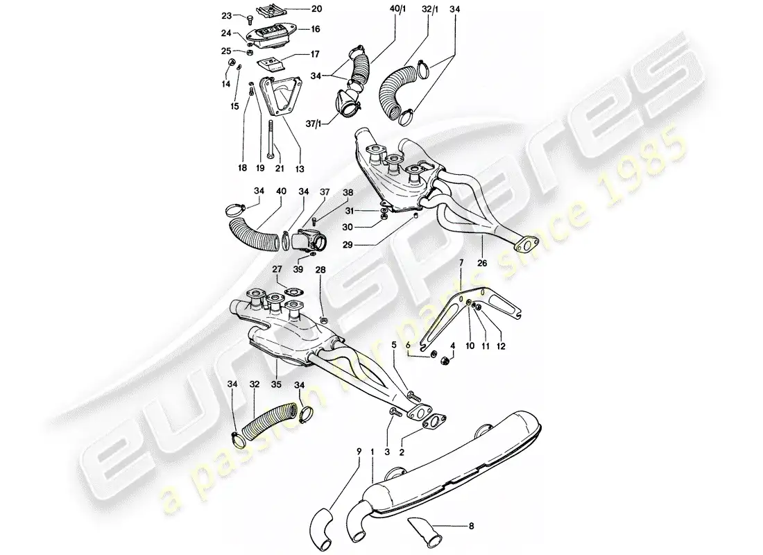 porsche 1973 (914) exhaust system - heating air supply - engine suspension parts diagram