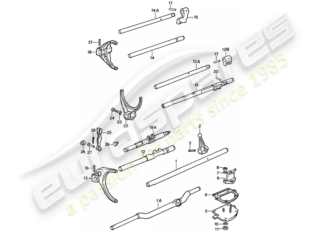 porsche 1987 (911) shift rods - shift forks - for - 4-speed - and - 5-speed parts diagram