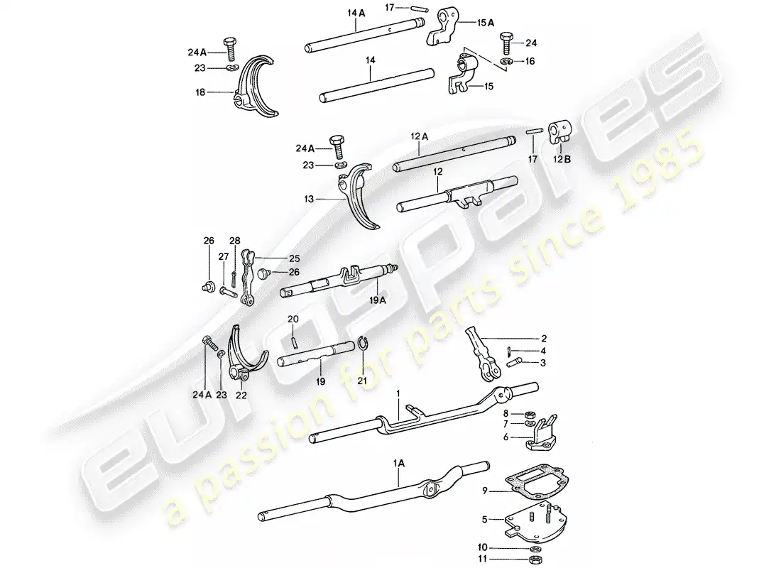 porsche 1984 (911) shift rods - shift forks - for - 4-speed - and - 5-speed parts diagram