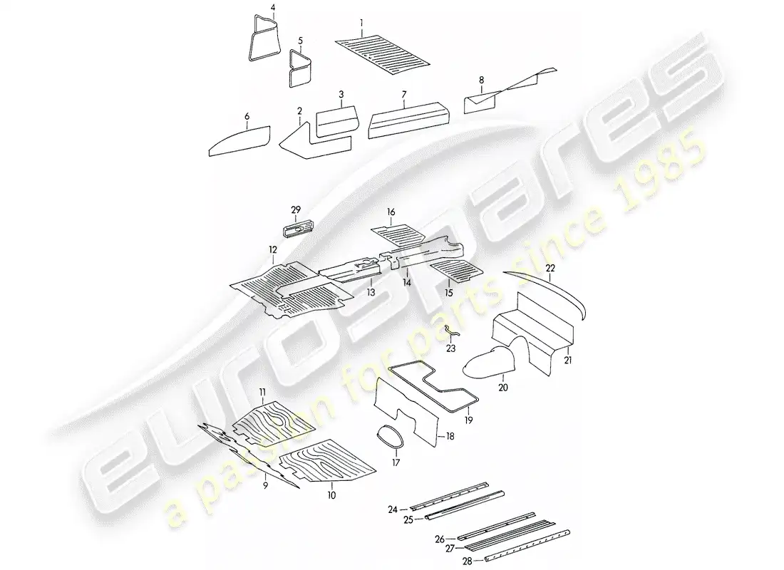 porsche 1954 (356/356a) trims - footwell parts diagram