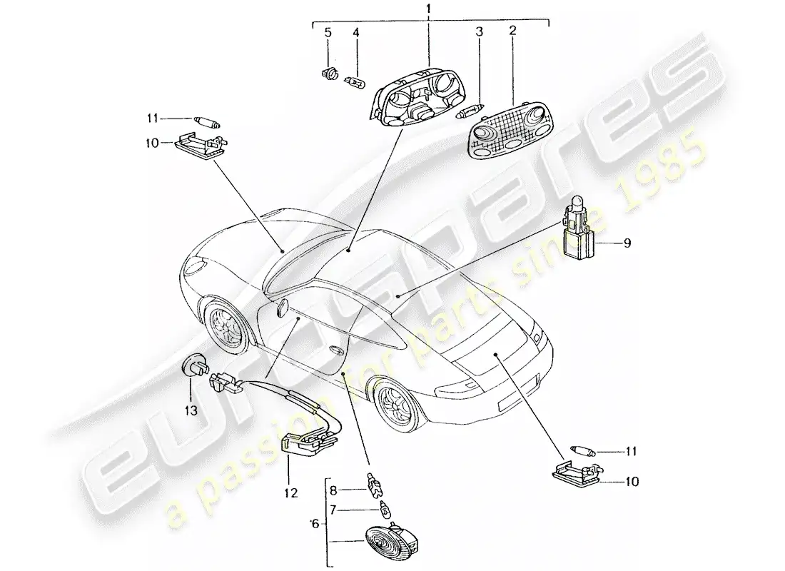 porsche 2002 (996) interior lighting - luggage compartment lamp - engine compartment light - glove box light - footwell light - interior release parts diagram