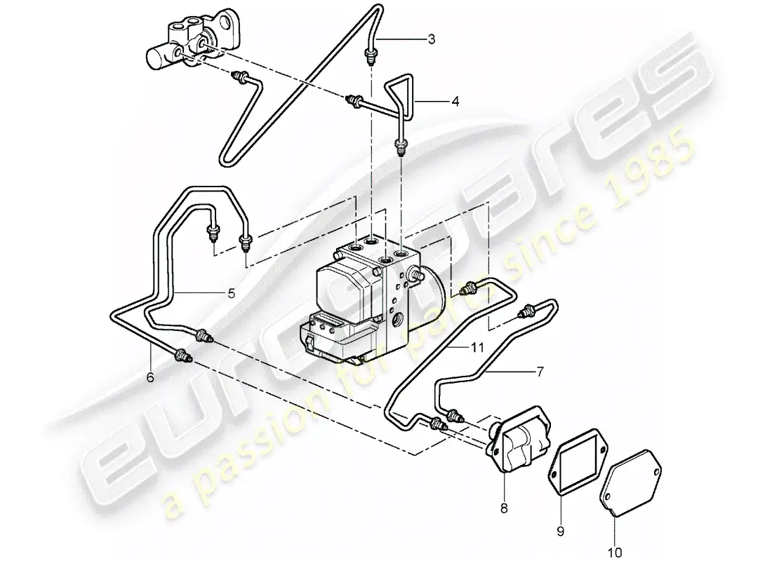 porsche 2005 (996 gt3) brake lines - front end parts diagram
