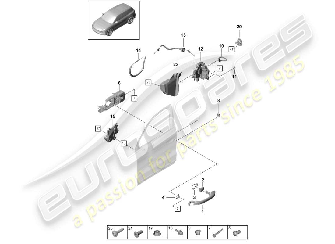porsche 2022 (cayenne e3 9ya/9yb) door handle, exterior front door lock part diagram