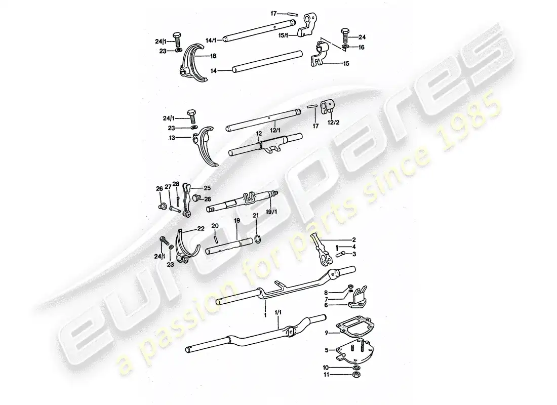 porsche 1977 (911 turbo) shift rods - shift forks parts diagram
