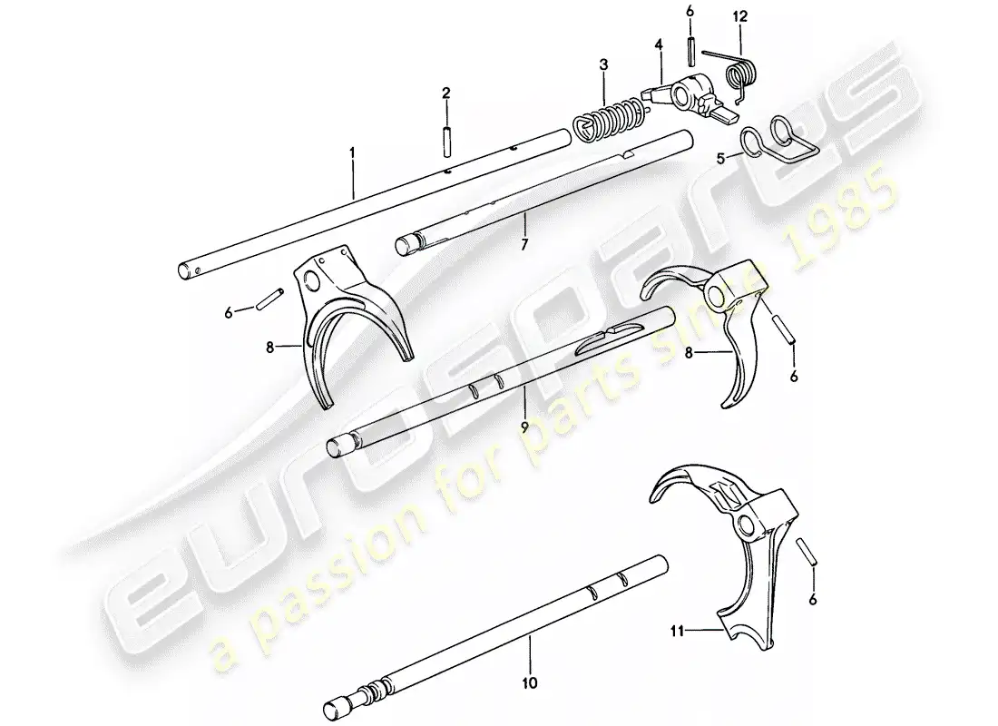porsche 1979 (928) shift rods - shift forks - manual gearbox parts diagram