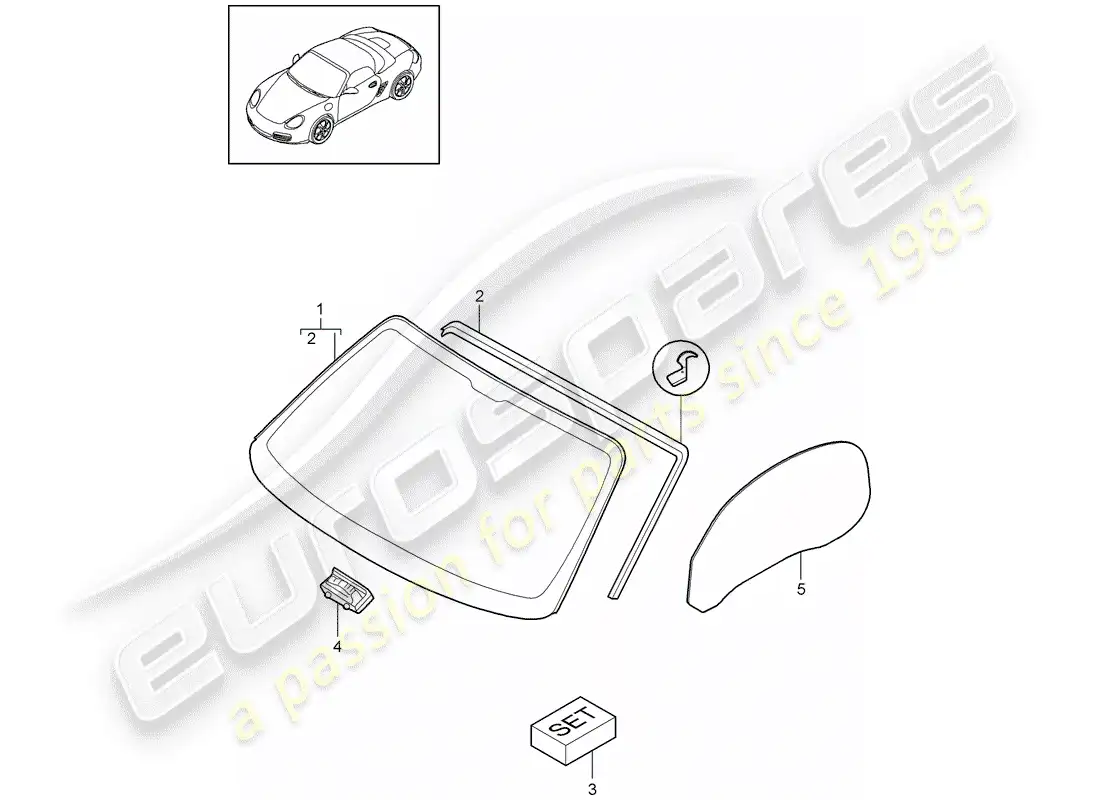 porsche 2009 (987 boxster) window glazing parts diagram