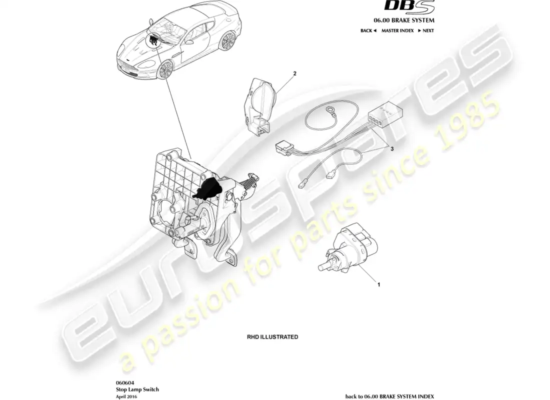 aston martin dbs (2011) stop lamp switch parts diagram