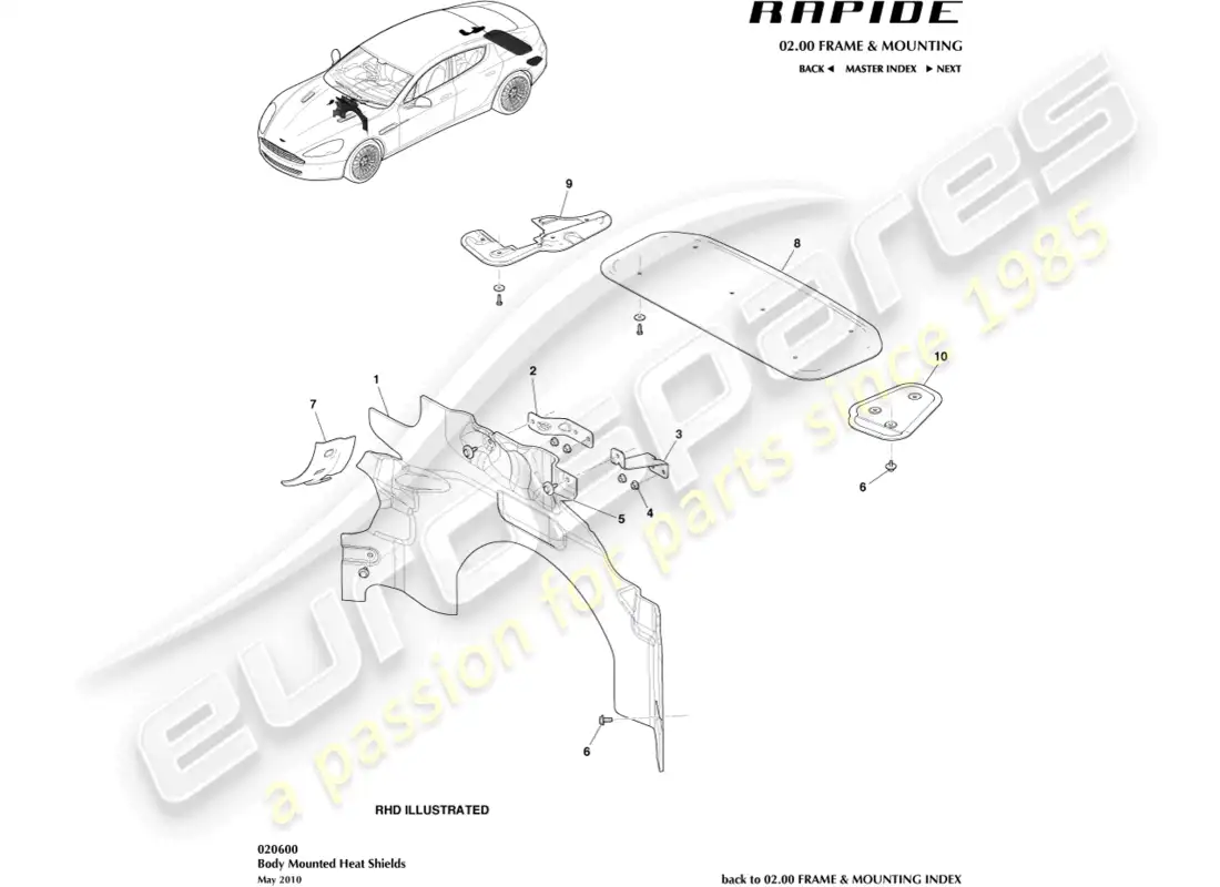 aston martin rapide (2010) heat shields parts diagram