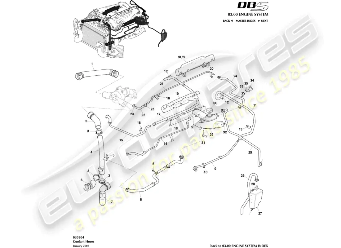 aston martin dbs (2008) coolant hoses & reservoir parts diagram