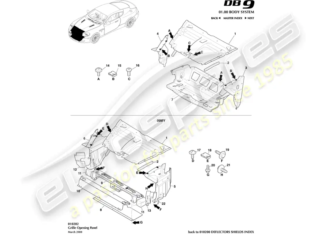 aston martin db9 (2005) grille opening panel parts diagram
