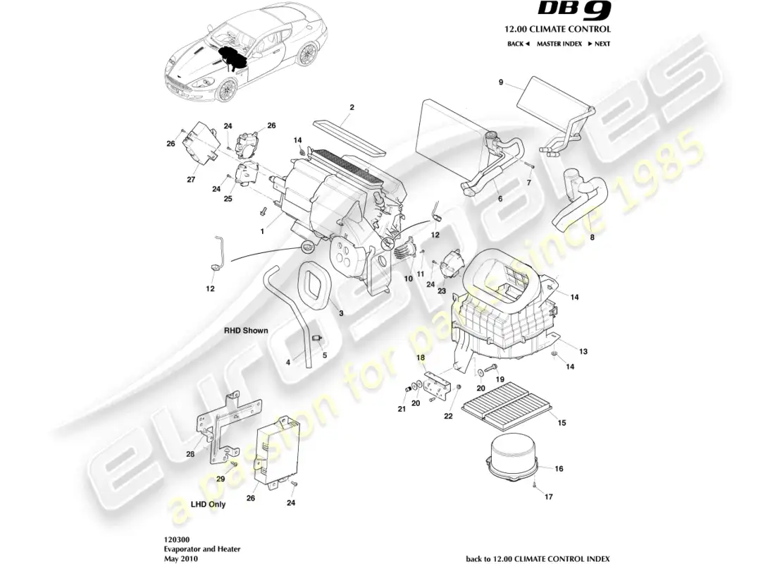 aston martin db9 (2004) evaporator & heater parts diagram
