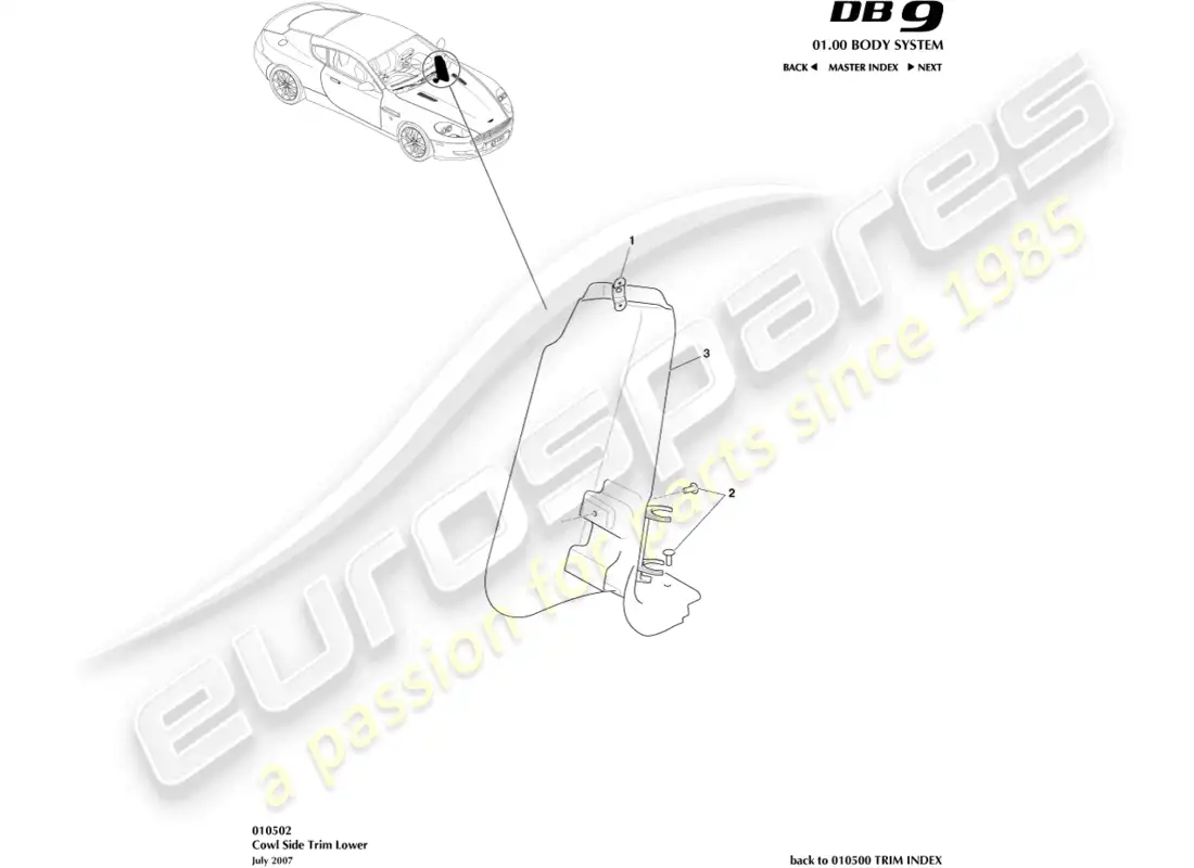 aston martin db9 (2004) cowl side trim, lower part diagram