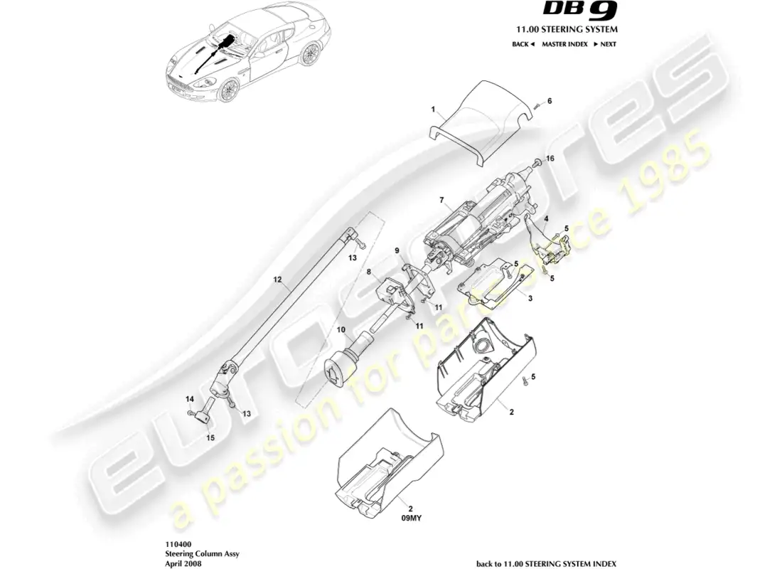 aston martin db9 (2007) steering column assembly parts diagram