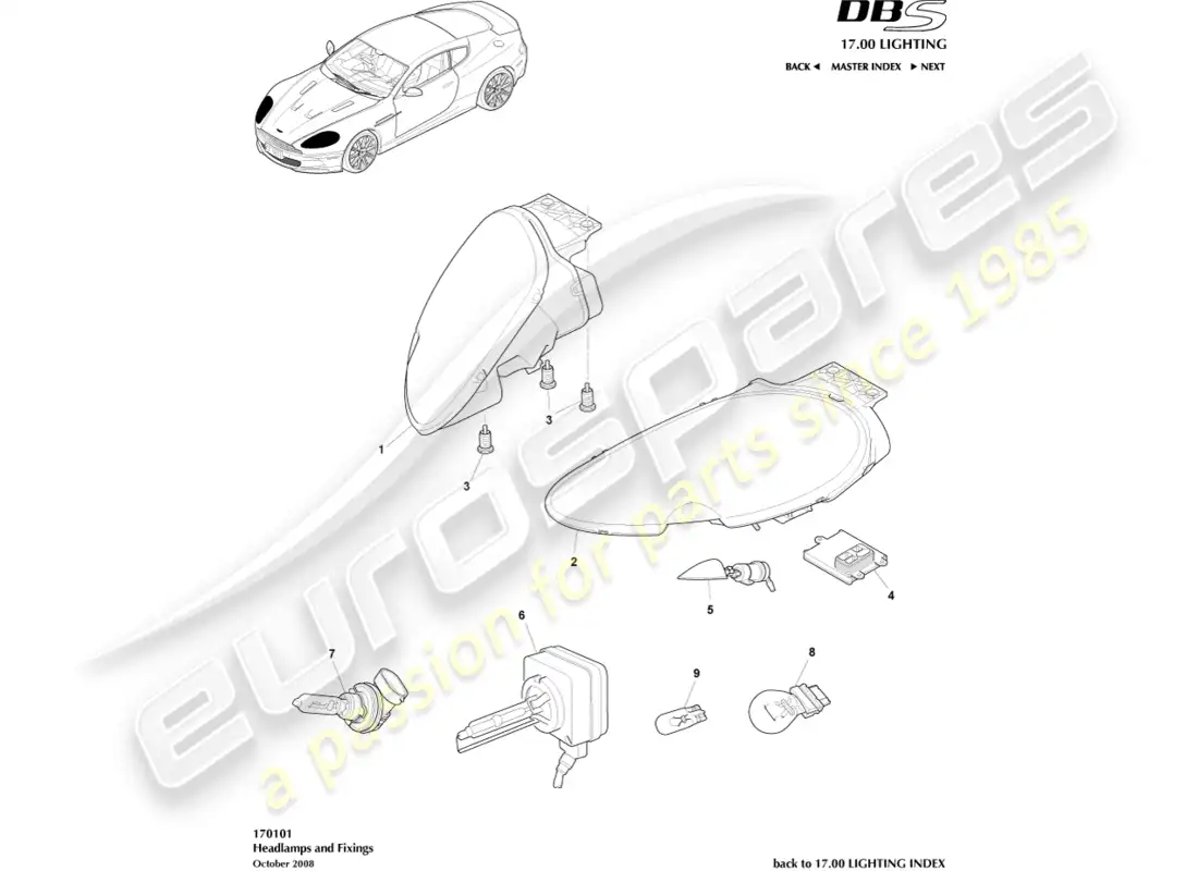 aston martin dbs (2008) headlights parts diagram