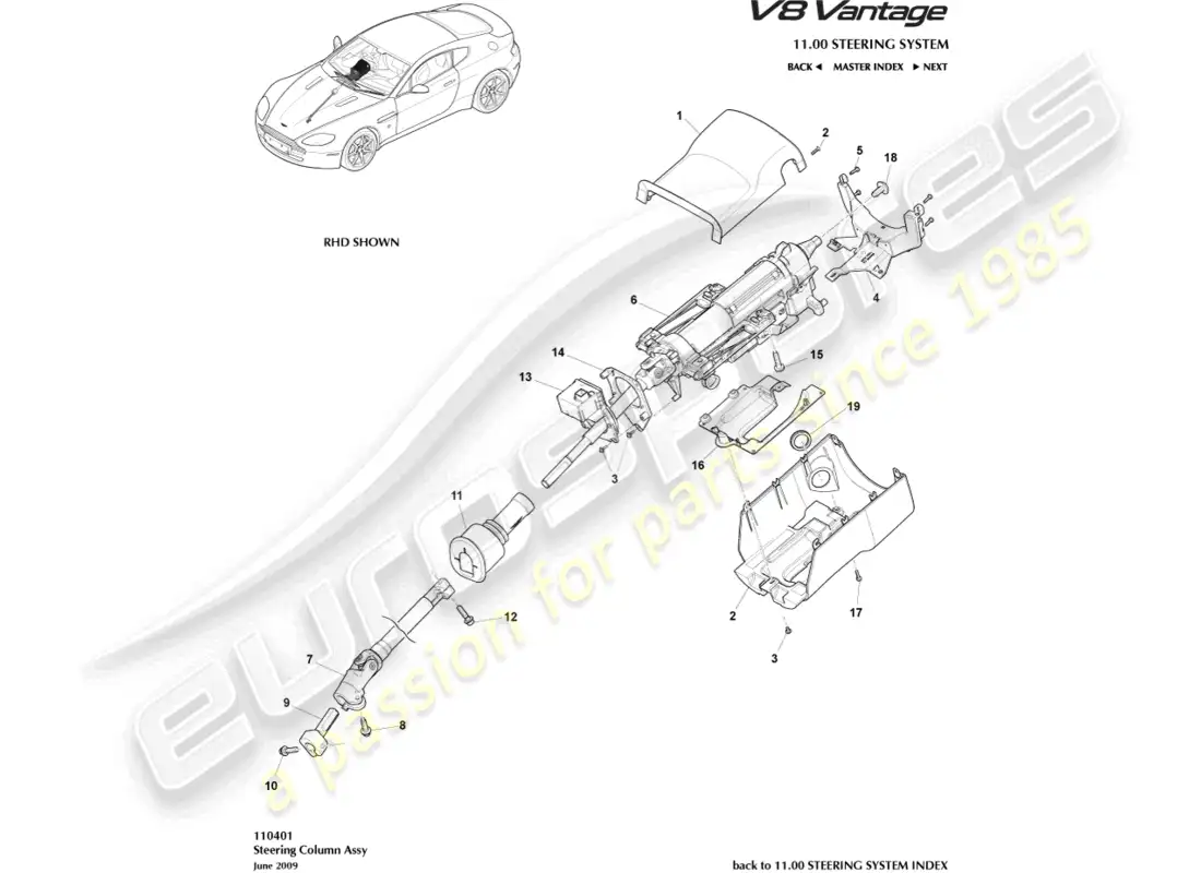 aston martin v8 vantage (2015) steering column assembly part diagram