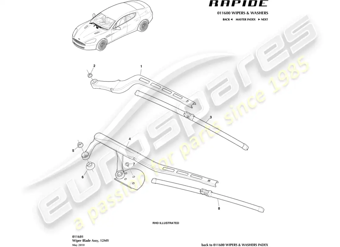 aston martin rapide (2013) wiper blade assembly, 12my parts diagram