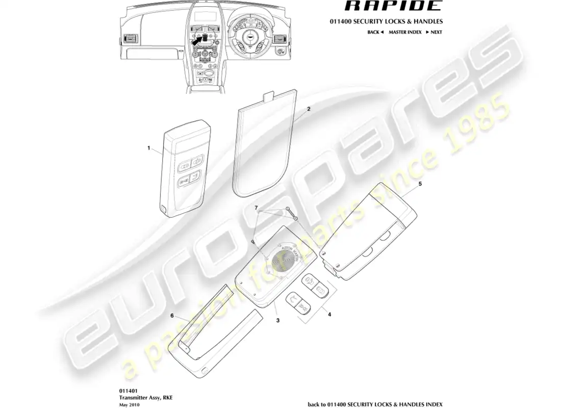 aston martin rapide (2012) rke transmitter parts diagram