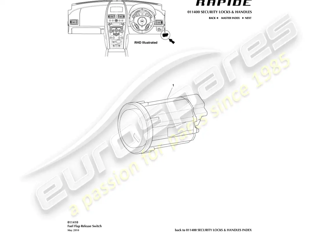 aston martin rapide (2012) fuel filler release switch parts diagram