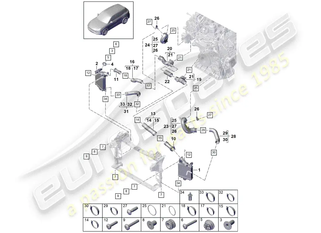 porsche 2018 (cayenne e3 9ya/9yb) charge air cooler parts diagram