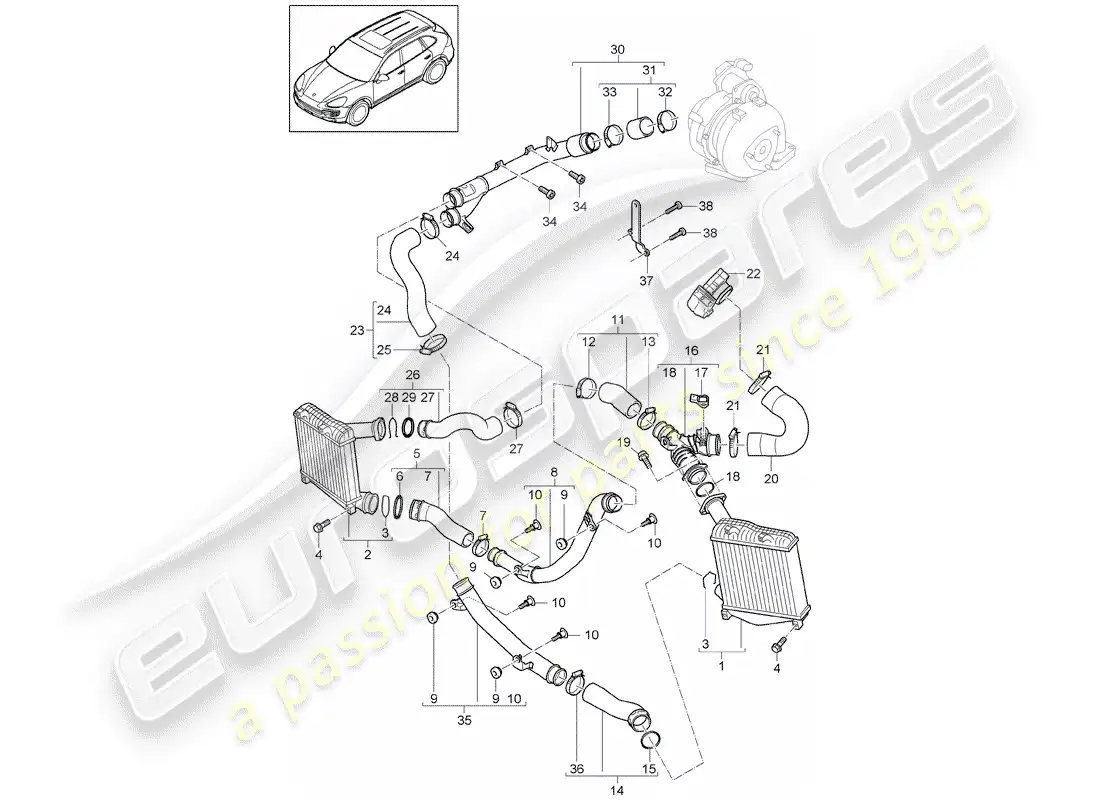 porsche 2013 (cayenne e2 92a) charge air cooler parts diagram