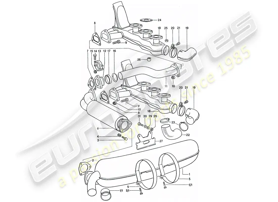 porsche 1977 (911) exhaust system - d - mj 1975>> parts diagram