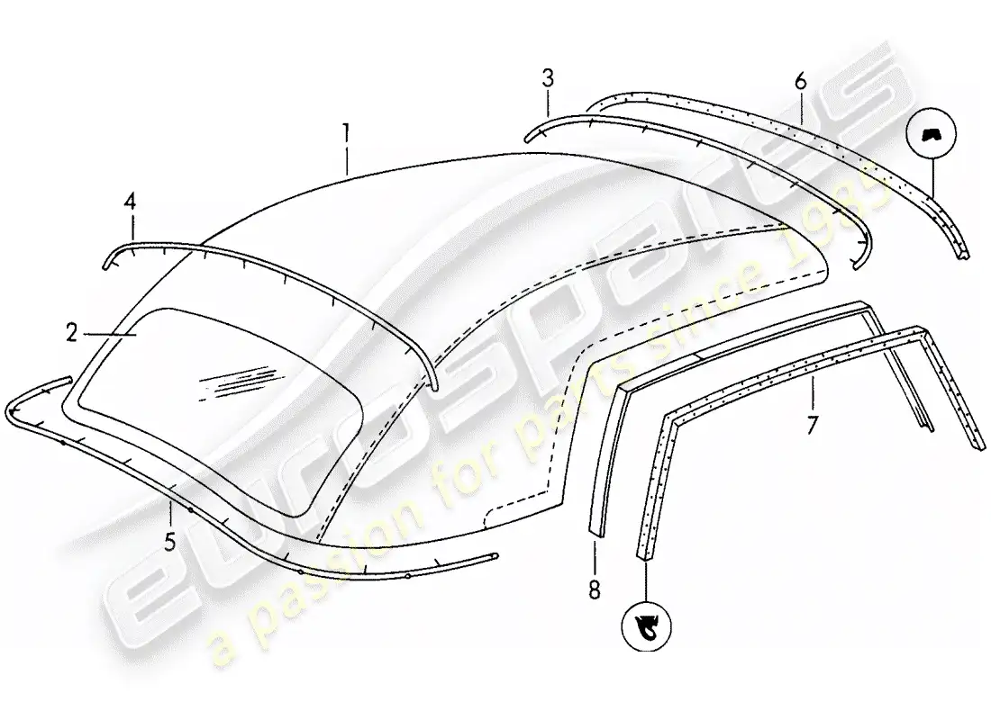 porsche 1957 (356/356a) convertible top covering parts diagram