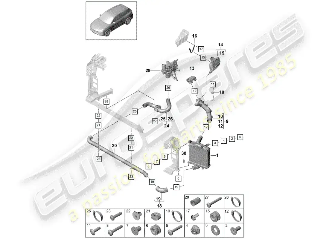 porsche 2018 (cayenne e3 9ya/9yb) charge air cooler parts diagram