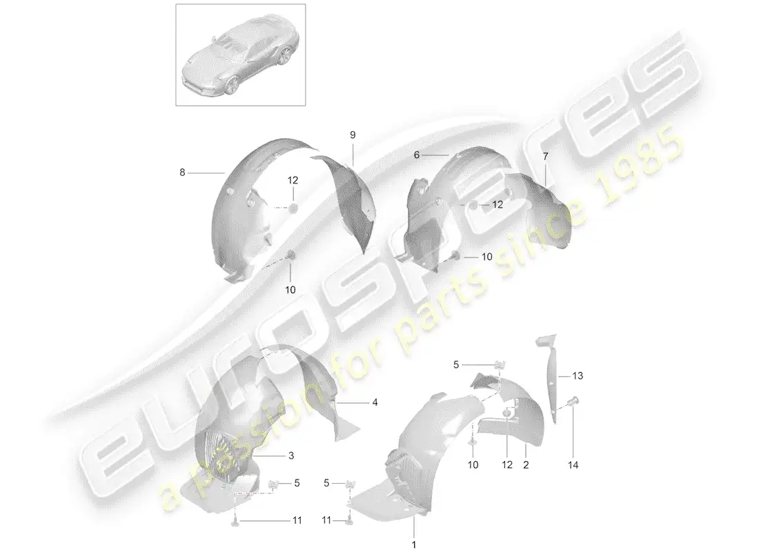 porsche 2017 (991-2 turbo) wheelhouse protector parts diagram