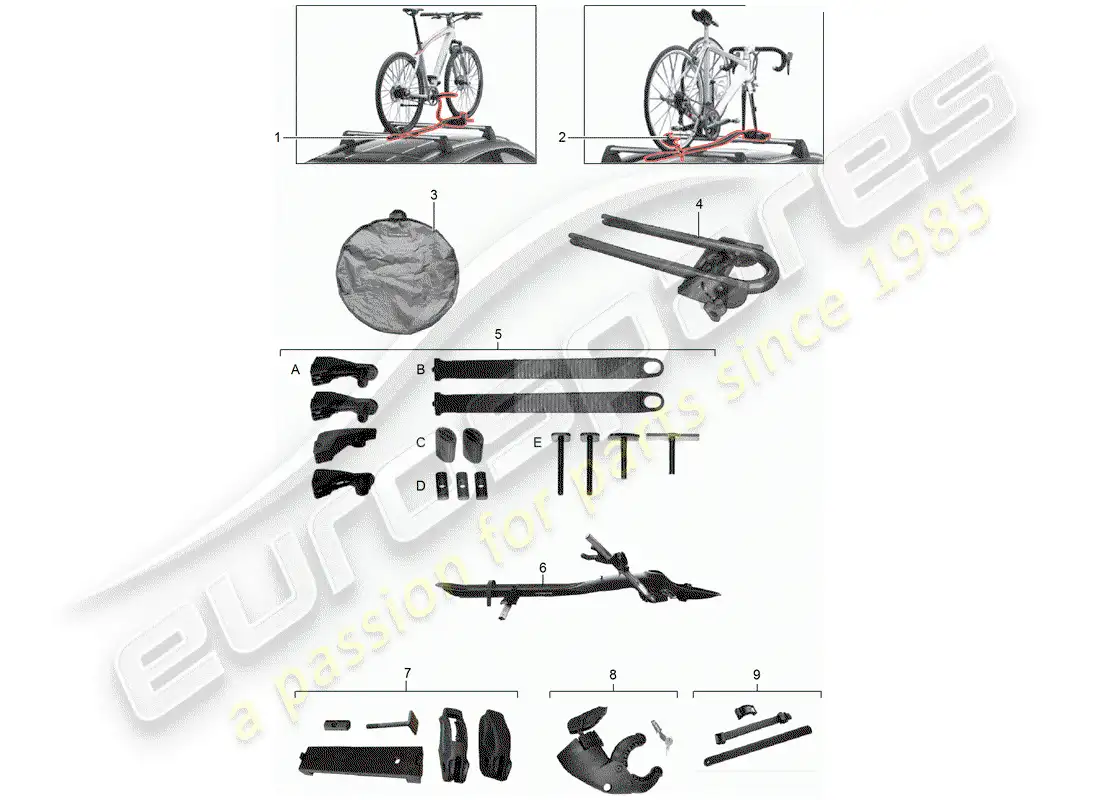 porsche 2019 (tequipment 98x/99x) bicycle carrier parts diagram