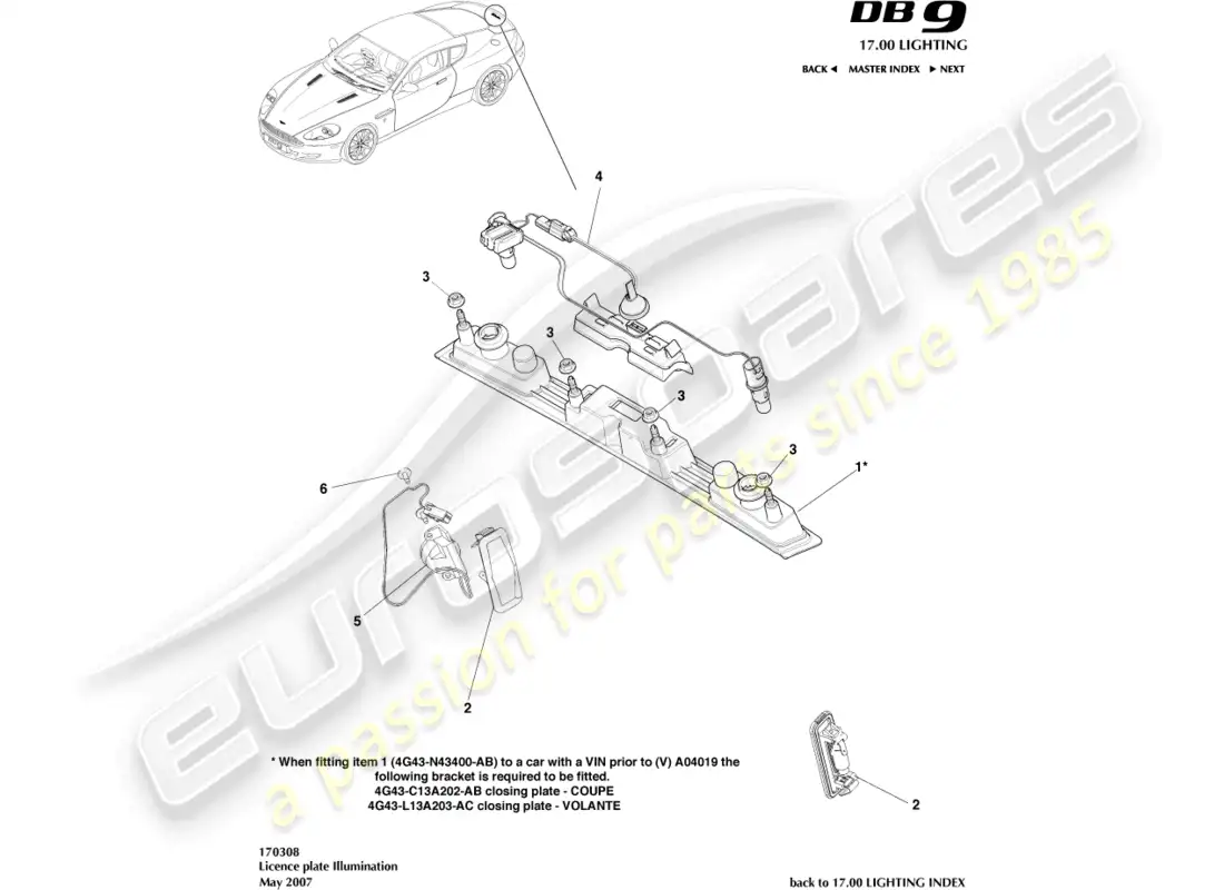 aston martin db9 (2009) license plate lamps parts diagram