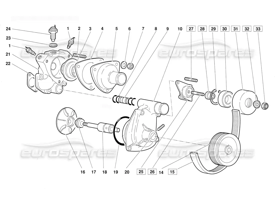 lamborghini diablo (1991) thermostat and water pump (valid for june 1992 version) parts diagram