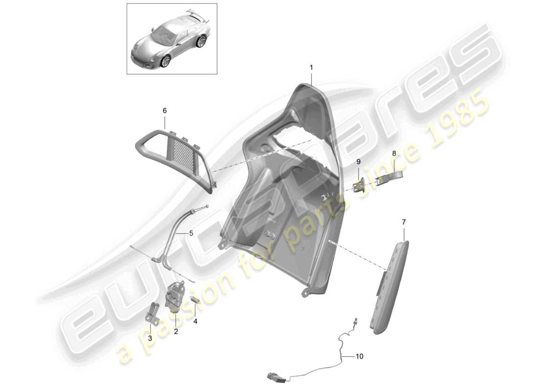 porsche 2021 (991-2 r/gt3/rs) backrest shell bucket seat folding accessories part diagram
