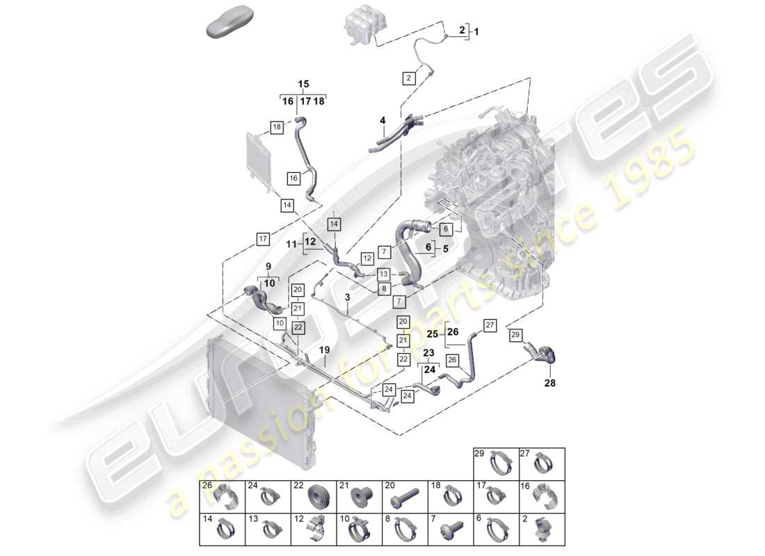 porsche 2026 (cayenne e3 pa) coolant cooling system coolant expansion tank coolant pipe part diagram