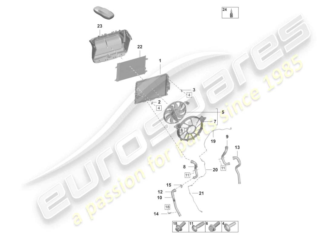 porsche 2025 (992-2 gt3/rs/st) cooler for coolant center radiator fan part diagram