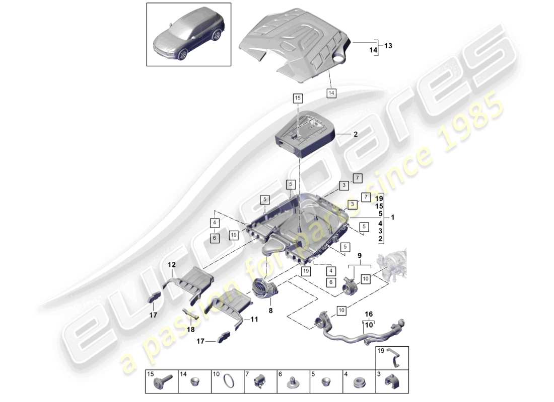 porsche 2021 (cayenne e3 9ya/9yb) air filter with connecting parts engine cover part diagram