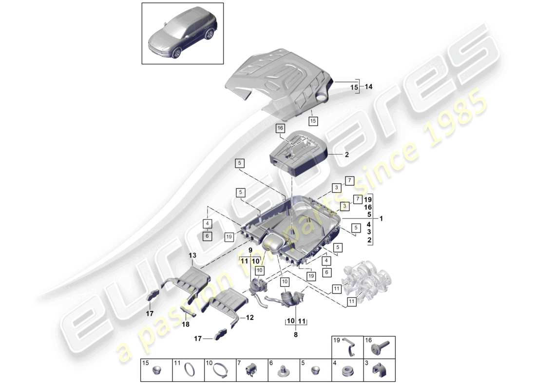 porsche 2021 (cayenne e3 9ya/9yb) air filter with connecting parts engine cover part diagram