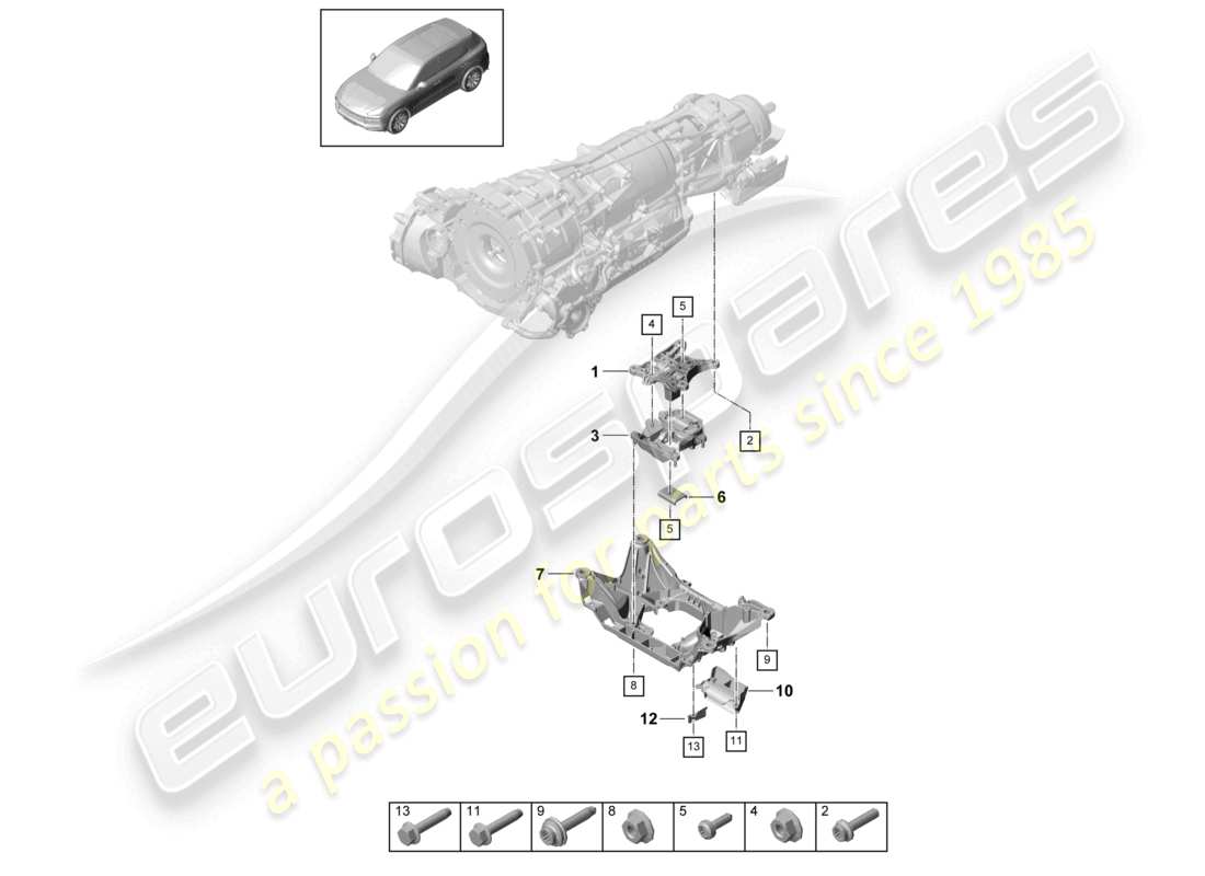 porsche 2021 (cayenne e3 9ya/9yb) gearbox mounting transmission carrier part diagram