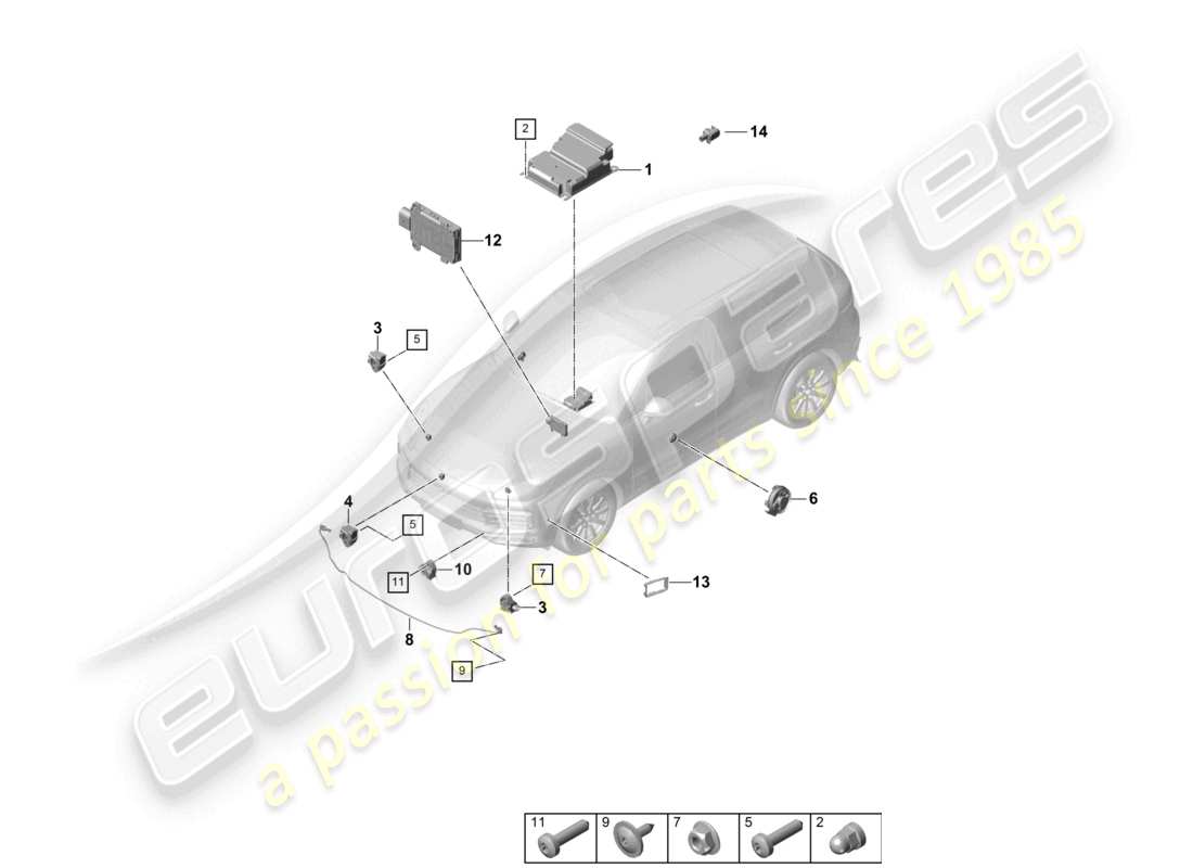 porsche 2022 (cayenne e3 9ya/9yb) control unit sensors airbag pressure sensor pedestrian protection part diagram