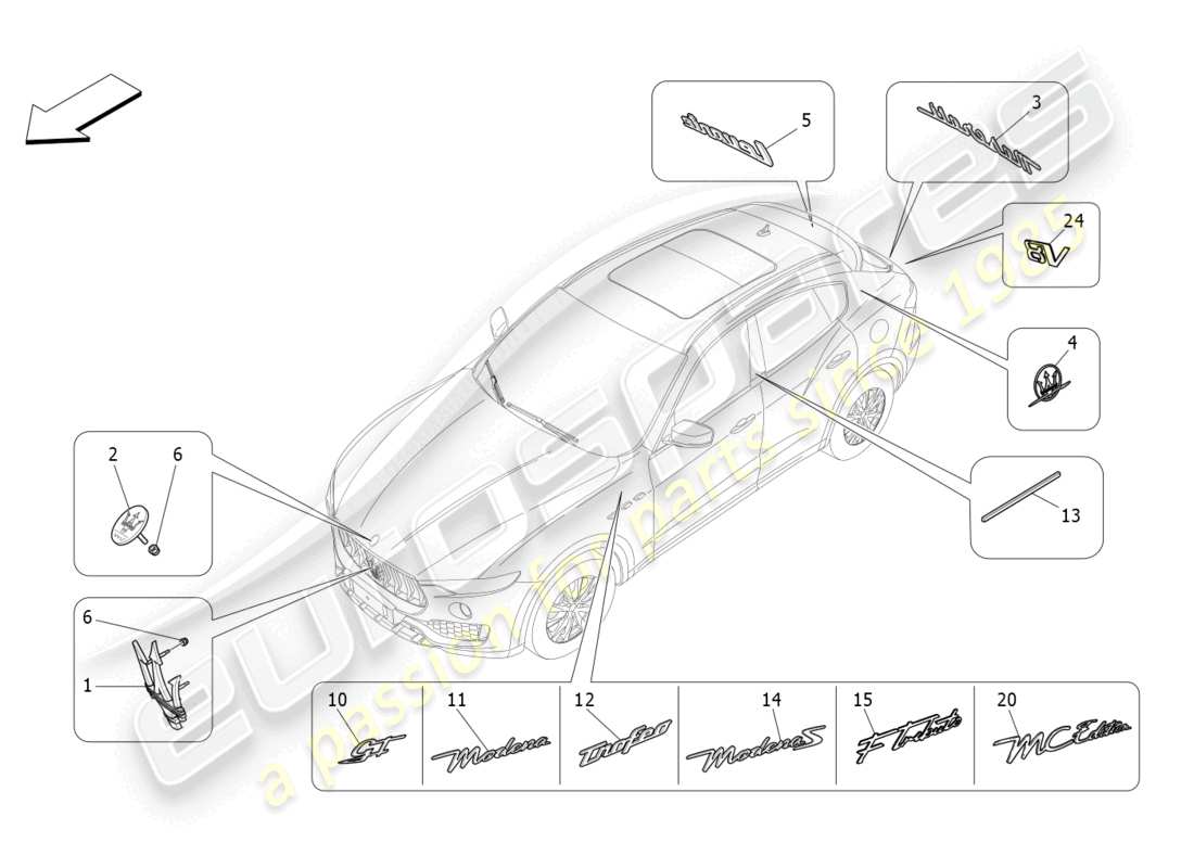 maserati levante modena (2022) trims, brands and symbols part diagram