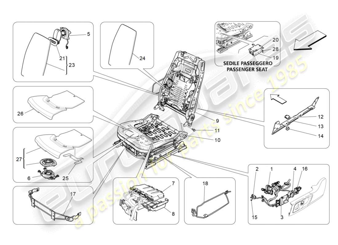 maserati levante (2017) front seats: mechanics and electronics parts diagram