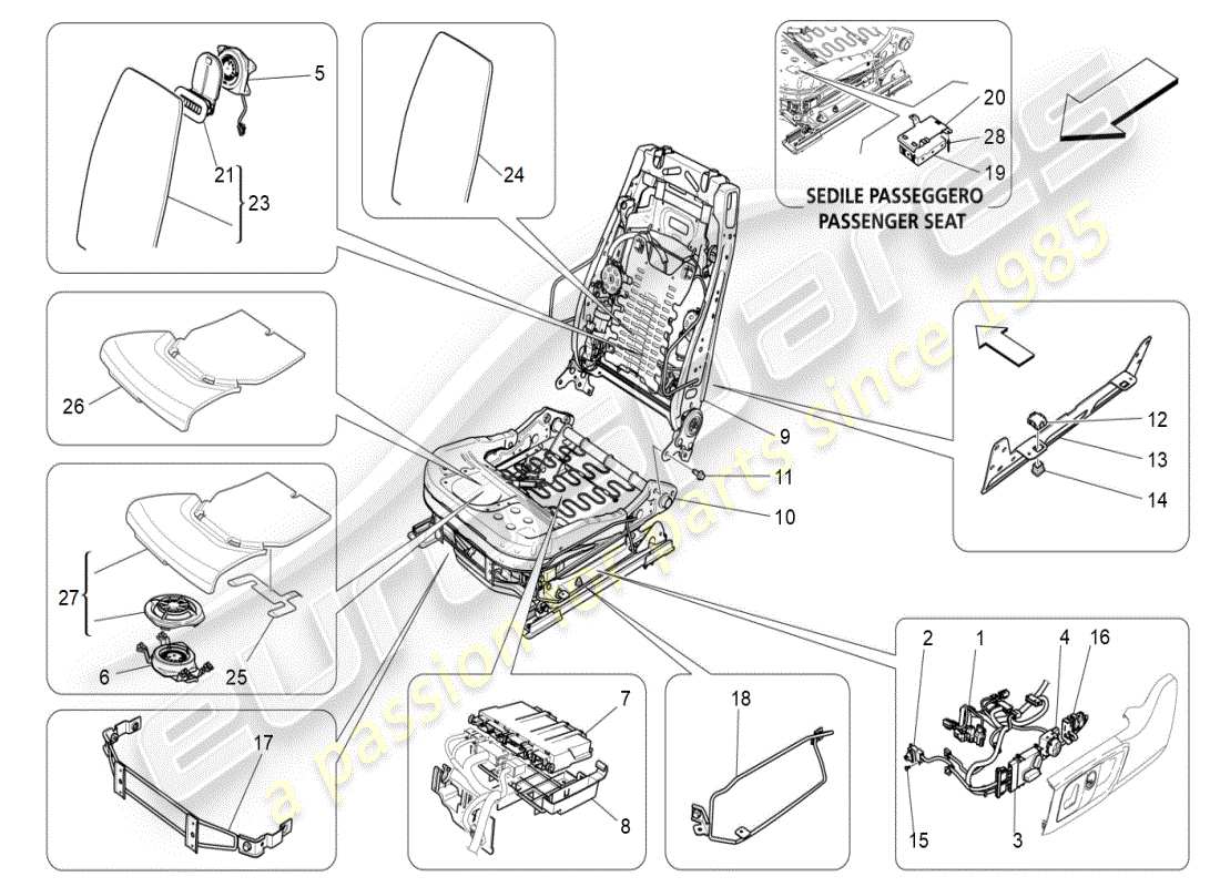 maserati ghibli (2019) front seats: mechanics and electronics part diagram