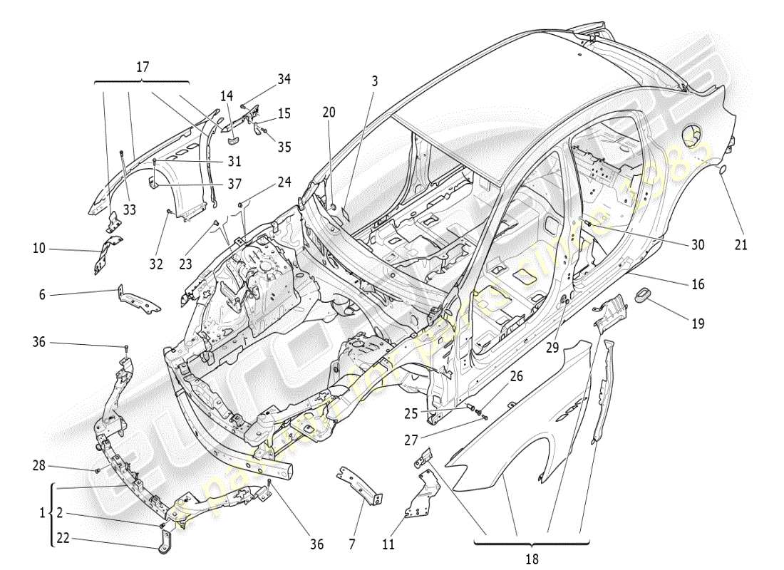 maserati ghibli (2019) bodywork and front outer trim panels part diagram
