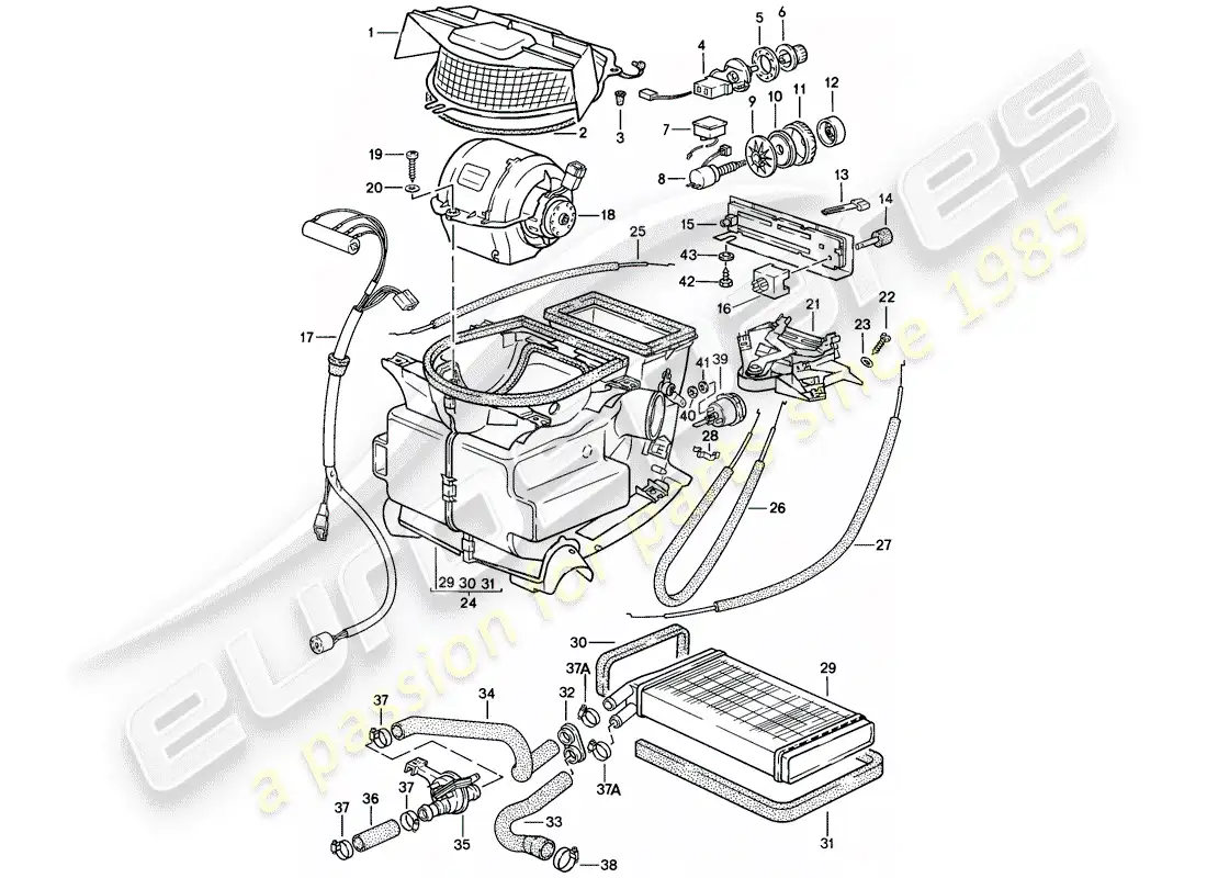 porsche 1986 (924s) heater - fan - heater core parts diagram