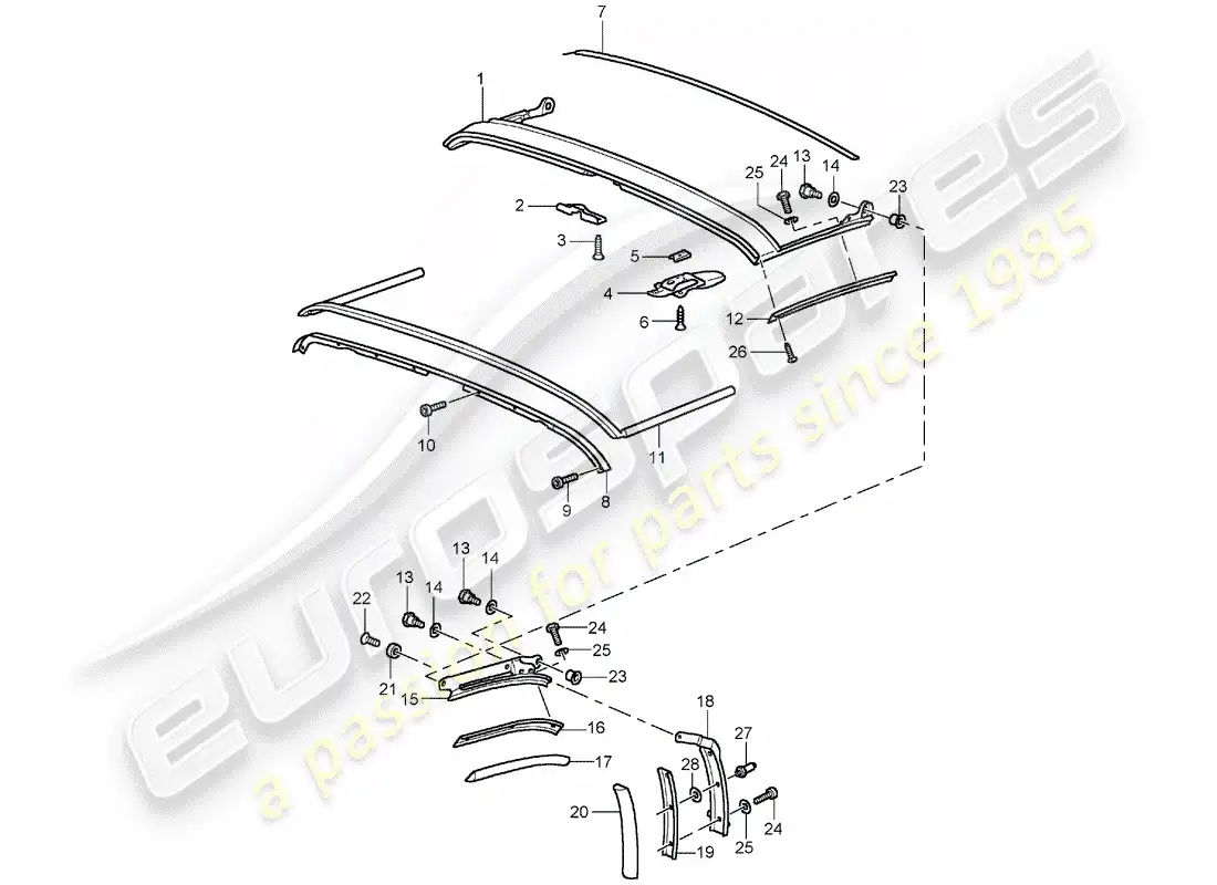 porsche 1992 (964) folding top - seal strip - roof frame parts diagram