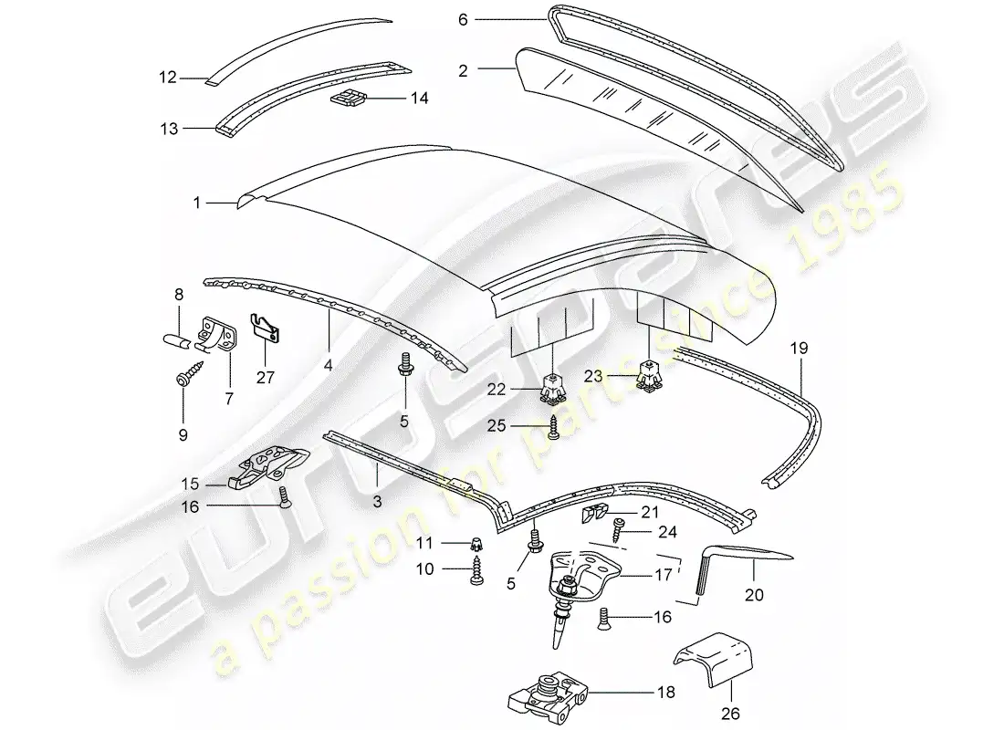 porsche 2001 (996) hardtop - accessories - gaskets parts diagram