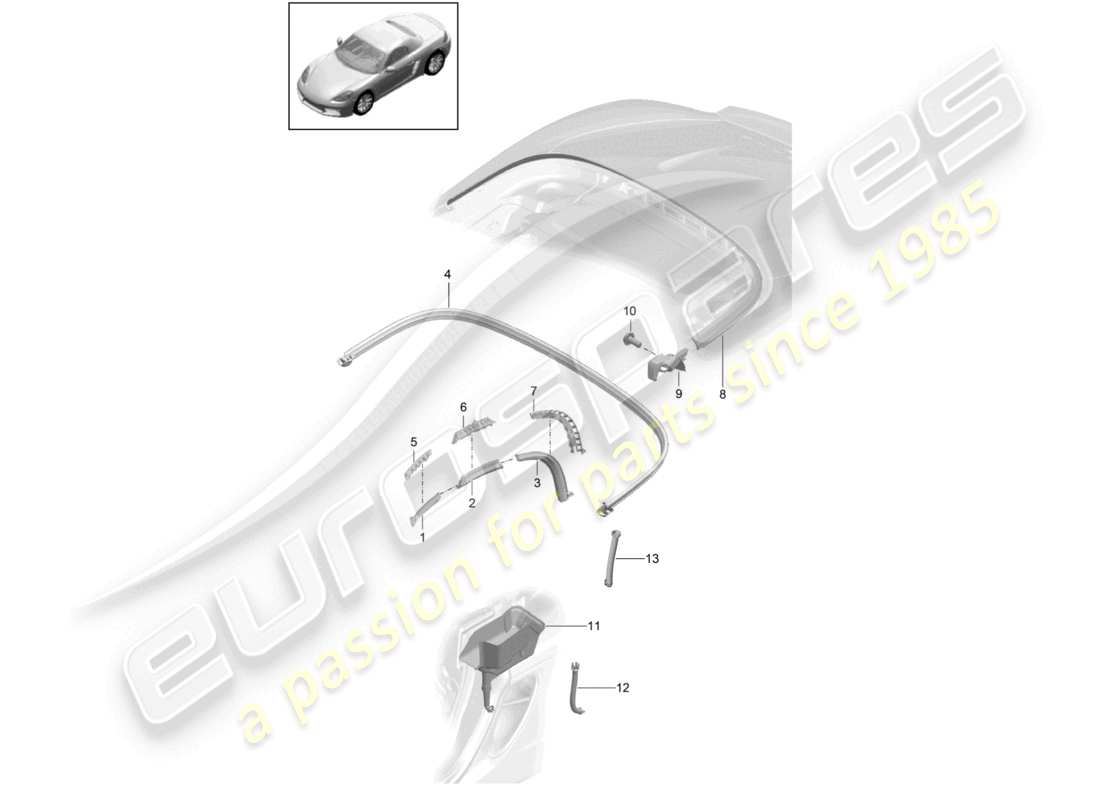 porsche 2026 (718 boxster) convertible top seal water collecting tray part diagram