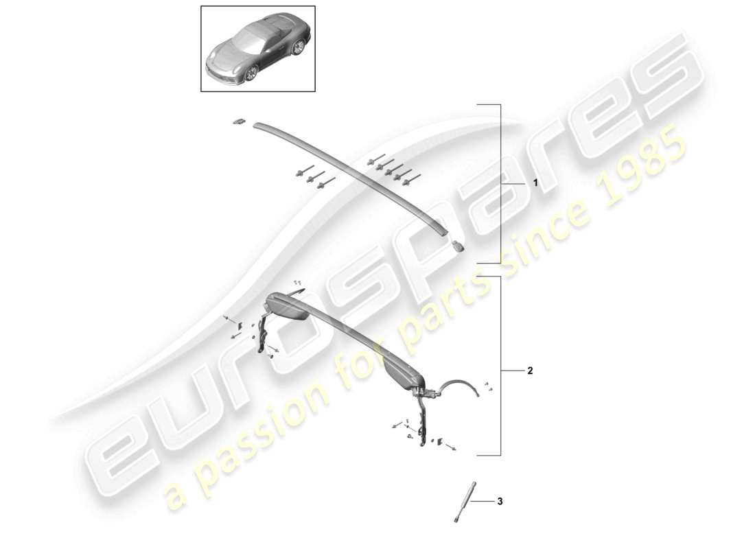 porsche 2021 (991-2 r/gt3/rs) top frame roof arch gas filled strut part diagram