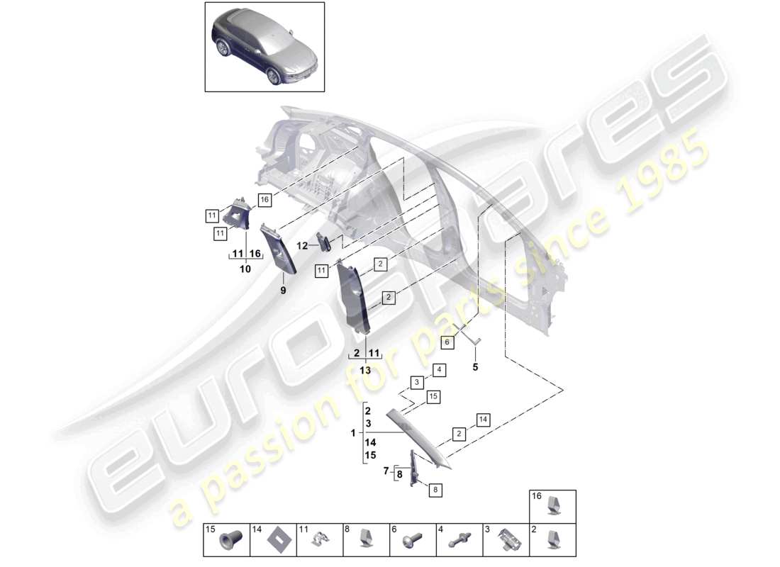 porsche 2022 (cayenne e3 9ya/9yb) pillar trim upper a-pillar trim b-pillar trim c-pillar trim and deformation element part diagram