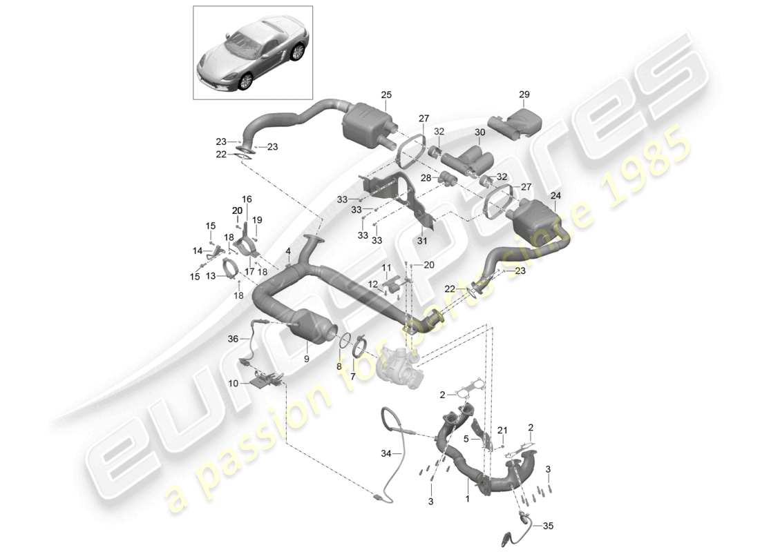 porsche 2024 (718 boxster) exhaust system silencer catalytic converter part diagram